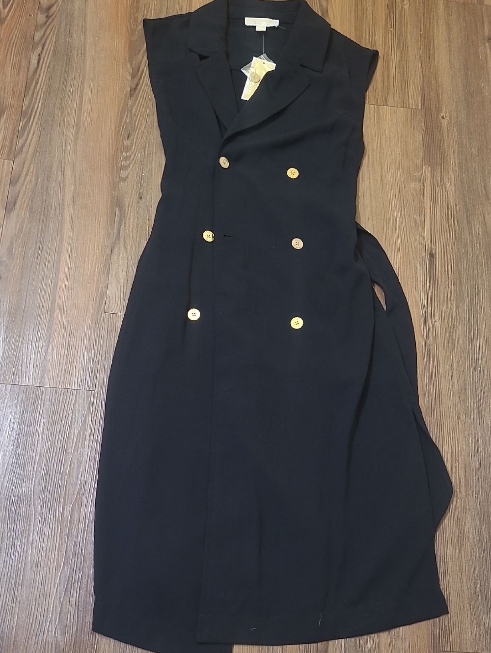 Sleeveless Black Double-Breasted Midi Dressโ with Gold Buttons